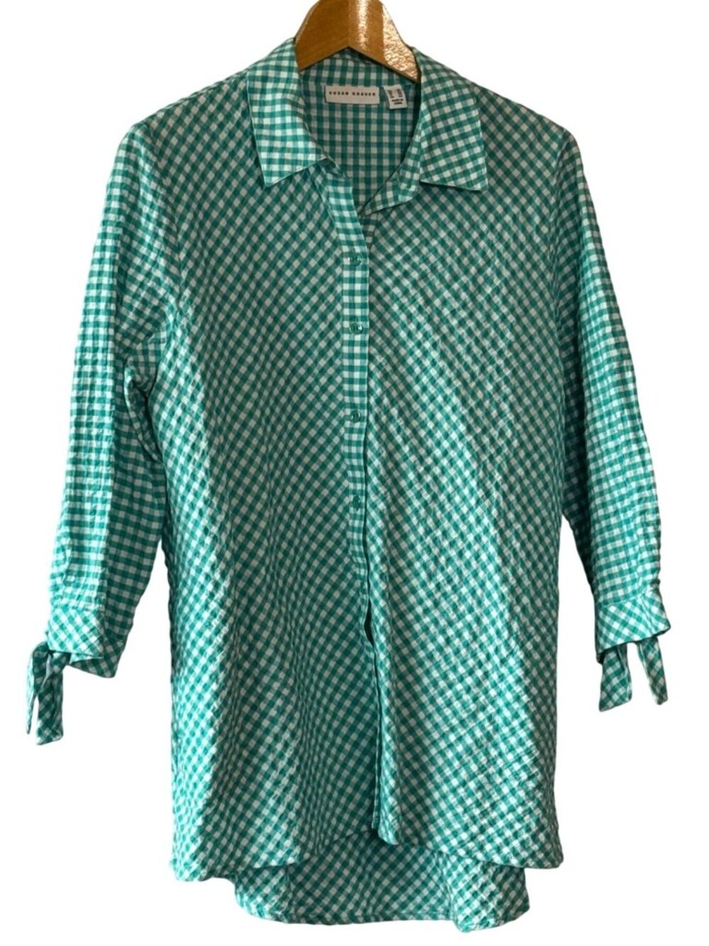 Susan Graver Button-Up Green/White Gingham Blouse Size 10 Cotton Casual Chic